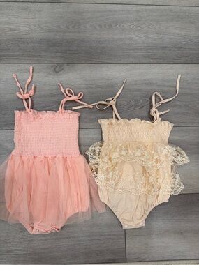 12M Baby Girl Peach and Cream Tulle Lace Rompers - Pack of 2